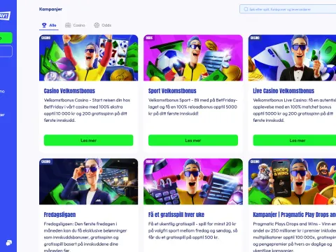 Kampanjesiden hos Betfriday Casino med seks tilbudskort, hvert med en tegnet mann i solbriller, sedler og mynter, på blå sidemeny.