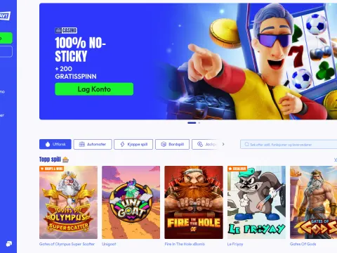 Spillobbyen hos Betfriday Casino med blått banner, kategoriknapper og toppspill som Gates of Olympus, Unigoat og Fire In The Hole.
