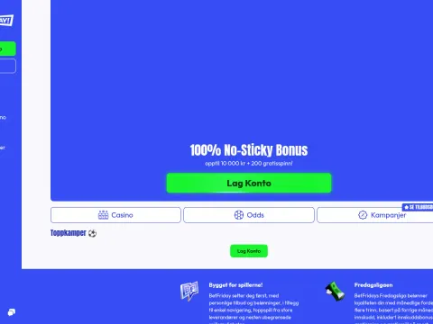 Forsiden til Betfriday Casino med et stort blått banner, grønn Lag Konto-knapp, snarveier til casino og odds og tom Toppkamper-seksjon.
