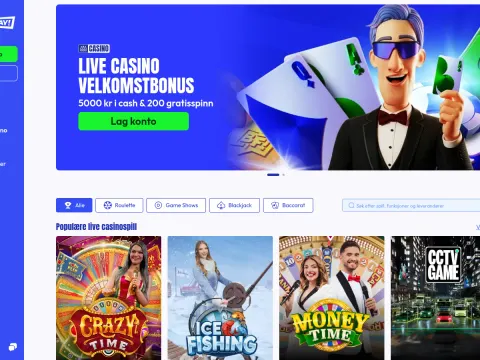 Live casino hos Betfriday Casino med banner av tegnet mann i smoking og kort, filtre for rulett og blackjack og spill som Crazy Time.