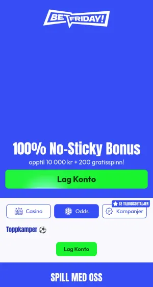 Forsiden til Betfriday Casino på mobil med logo, blått banner, grønn Lag Konto-knapp og navigasjonslinje med Hjem, Casino og Odds nederst.