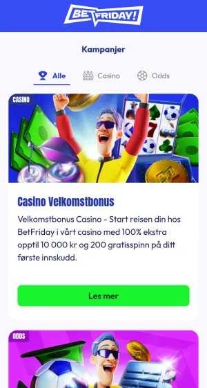 Kampanjesiden hos BetFriday Casino på mobil, med faner for Alle, Casino og Odds og et kort for casino-velkomstbonus med en jublende figur i gul.