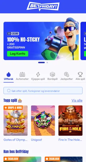 Spillsiden til Betfriday Casino på mobil med banner, kategorier som Automater og Bordspill, søkefelt og fliser for Gates of Olympus og Unigoat.