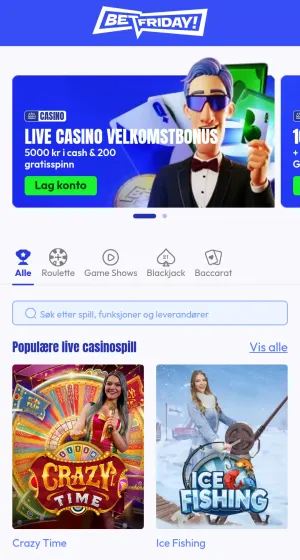 Live casino hos Betfriday Casino på mobil med banner av mann i smoking, faner for rulett og blackjack og fliser for Crazy Time og Ice Fishing.