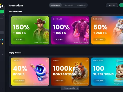 Kampanjesiden hos Bitkingz Casino med fargerike kort for velkomstpakke og daglig booster, cowboy, elefant og robot som figurer.