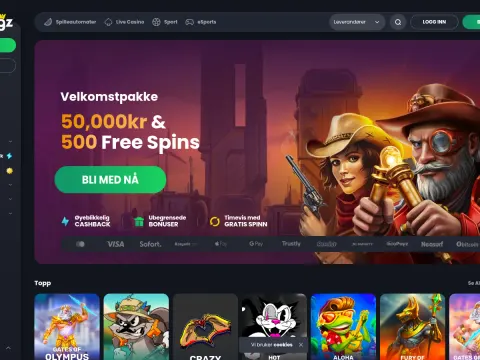 Forsiden til Bitkingz Casino med banner for velkomstpakke, cowboy og mann med monokkel, betalingslogoer og en rad toppspill.