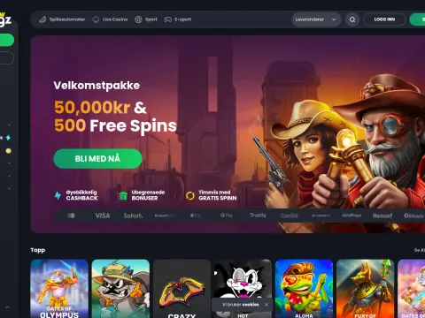 Forsiden til Bitkingz Casino med banner for velkomstpakke, en cowgirl og en mann med monokel, betalingslogoer og rad med toppspill.