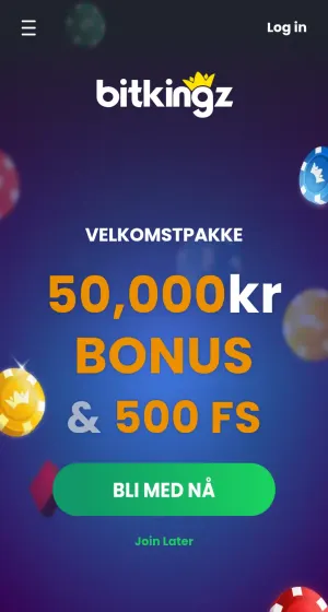 Forsiden til Bitkingz Casino på mobil med logo, velkomstpakke på blå bakgrunn med sjetonger og grønn knapp for å bli med.