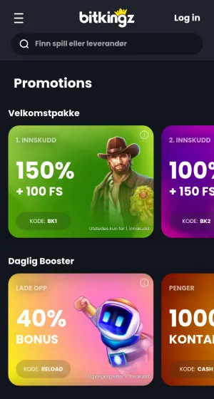 Kampanjer hos Bitkingz Casino på mobil med søkefelt, grønt kort med cowboy for første innskudd og rosa kort med robot for daglig booster.