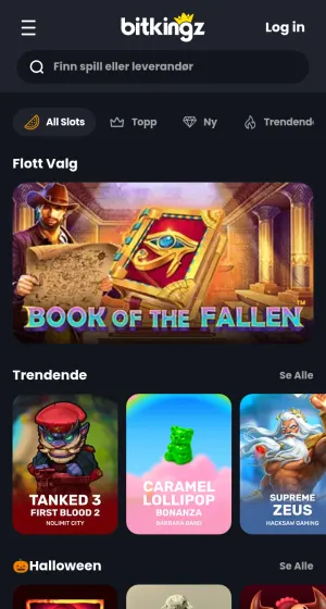 Spillsiden på mobil hos Bitkingz Casino med Book of the Fallen som utvalgt spill og rader for trendende og Halloween-spill.