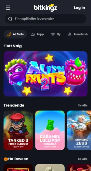 Spillsiden hos Bitkingz Casino på mobil med Alien Fruits 2 som utvalgt spill og fliser for Tanked 3, Caramel Lollipop og Supreme Zeus.