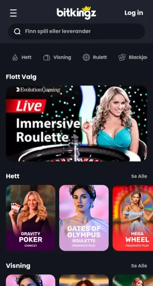 Live casino på mobil hos Bitkingz Casino med Immersive Roulette-banner og kort for Gravity Poker, Gates of Olympus Roulette og Mega Wheel.