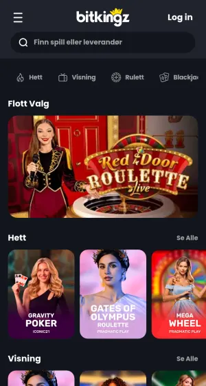 Live casino hos Bitkingz Casino på mobil med Red Door Roulette som utvalgt og fliser for Gravity Poker, Gates of Olympus Roulette og Mega Wheel.