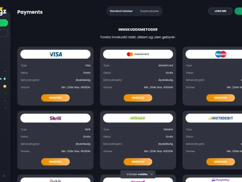 Innskuddsmetoder hos Bitkingz Casino vist som kort med logoer for Visa, Mastercard, Maestro, Skrill, Neteller og Instadebit.