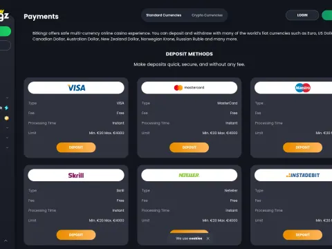 Betalingssiden hos Bitkingz Casino med innskuddskort for Visa, Mastercard, Maestro, Skrill, Neteller og Instadebit med oransje knapper.