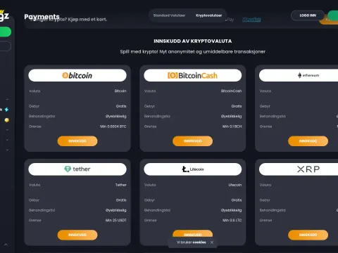 Kryptoinnskudd hos Bitkingz Casino med kort for Bitcoin, Bitcoin Cash, Ethereum, Tether, Litecoin og XRP og oransje innskuddsknapper.