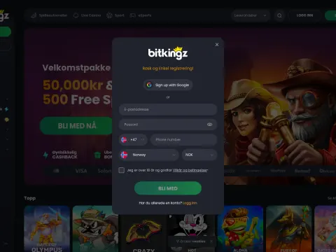 Registreringsskjemaet hos Bitkingz Casino med Google-knapp, felt for e-post, passord, telefon, land og valuta over en nedtonet forside.