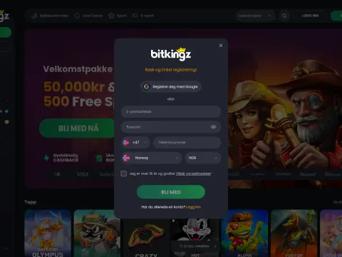 Registreringsskjemaet hos Bitkingz Casino med Google-knapp, felt for e-post, passord og telefon, landvalg og grønn knapp for å bli med.