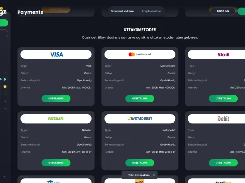 Uttaksmetoder hos Bitkingz Casino vist som kort med logoer for Visa, Mastercard, Skrill, Neteller, Instadebit og iDebit og grønne knapper.