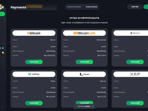 Kryptouttak hos Bitkingz Casino med kort for Bitcoin, Bitcoin Cash, Ethereum, Tether, Litecoin og XRP og grønne utbetalingsknapper.