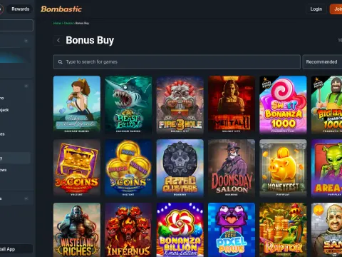 Bonus Buy-siden hos Bombastic Casino med mørk sidemeny og et rutenett av spillfliser som Beast Below, Doomsday Saloon og Aztec Clusters.