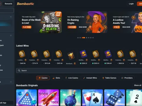 Spillobbyen hos Bombastic Casino med bannerkarusell, rad med siste gevinster, kategorifaner og fliser for Bombastic Originals nederst.