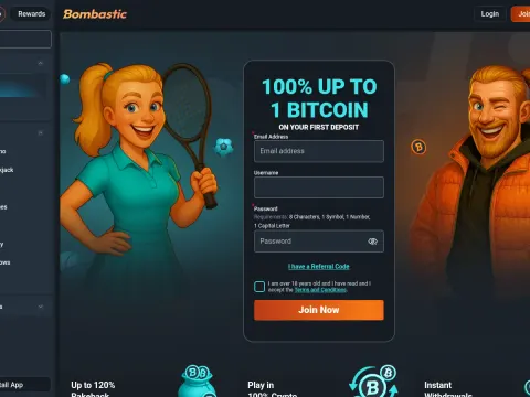 Forsiden til Bombastic Casino med registreringsskjema for e-post, brukernavn og passord mellom en tegnet tennisspiller og en blunkende mann i.