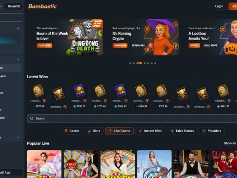 Live casino-siden hos Bombastic Casino med bannere øverst, rad med siste gevinster og fliser for populære livespill som Crazy Time med dealere.