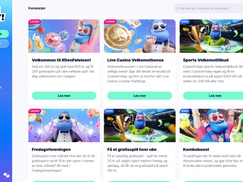 Kampanjesiden hos Casino friday på desktop, med seks kort som viser en blåskjegget maskot blant sjetonger, kort og pokaler, hver med knappen Les mer.