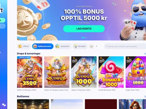 Spillobbyen hos Casino friday med banner for live casino og en rad Drops og turneringer med Gates of Olympus, Sweet Bonanza og Sugar Rush.