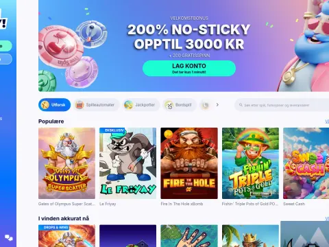 Forsiden hos Casino Friday på desktop med blå velkomstbanner, kategoriknapper og spillfliser som Gates of Olympus, Le Friyay og Fire in the Hole.