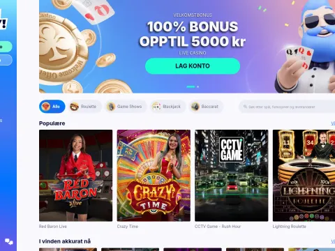 Live casino hos Casino friday på desktop, med banner med gullsjetonger og maskot, og bordfliser som Red Baron Live, Crazy Time, CCTV Game og.