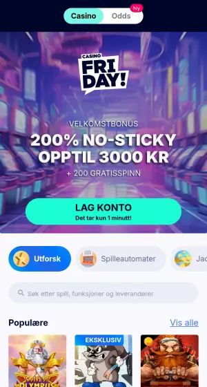 Forsiden til Casino friday på mobil, med logo over en lilla spillehall, en grønn Lag konto-knapp og populære spill som Gates of Olympus og Le Friyay.