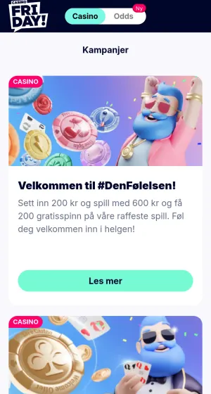 Kampanjesiden hos Casino friday på mobil, med et kort der maskoten jubler blant fargede sjetonger, og et kort med gullmynt og spillkort under.