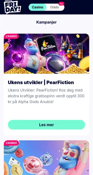 Kampanjesiden hos Casino Friday på mobil med tilbudskort for PearFiction og velkomsttilbud, begge med den blåskjeggede maskoten.