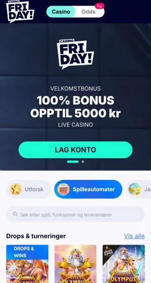 Spilleautomater hos Casino friday på mobil med mørkeblått banner for live casino og en rad med tre Gates of Olympus-spill.