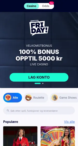 Live casino hos Casino friday på mobil, med mørk banner og logo, filterknapper for Roulette og Game Shows, og flisene Red Baron og Crazy Time.