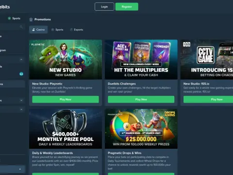 Kampanjesiden hos Duelbits Casino på desktop, med kort for Playnetic, ukentlige utfordringer, 155.io, ledertavler og Pragmatic Drops & Wins.