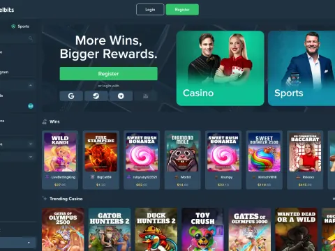 Forsiden til Duelbits Casino på desktop, med grønn registreringsknapp, kort for Casino og Sports, en rad med nylige gevinster og populære spill.