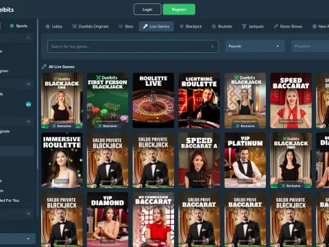 Live casino hos Duelbits Casino på desktop, med søkefelt, filtre og fliser for blackjack, rulett og baccarat med dealere fra Evolution.