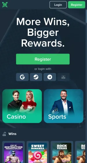 Forsiden til Duelbits Casino på mobil, med stor registreringsknapp, innlogging via Google, Steam og Telegram, kort for Casino og Sports og nylige.