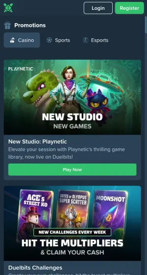Kampanjesiden hos Duelbits Casino på mobil, med faner for Casino, Sports og Esports og kort for Playnetic og ukentlige utfordringer.