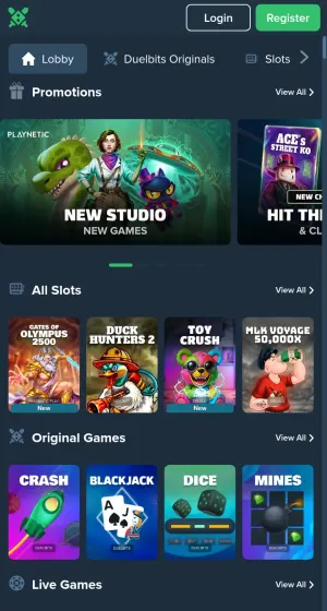 Spillsiden hos Duelbits Casino på mobil, med kampanjebanner, spillfliser som Gates of Olympus 2500 og Toy Crush, originalspill og live-spill.