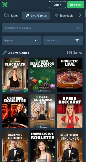 Live casino hos Duelbits Casino på mobil, med søkefelt, filtre og fliser for Blackjack One, Roulette Live, Lightning Roulette og Speed Baccarat.