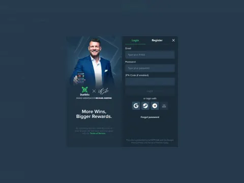 Innloggings- og registreringsvinduet hos Duelbits Casino på desktop, med felt for e-post, passord og 2FA-kode ved siden av et bilde av ambassadøren.