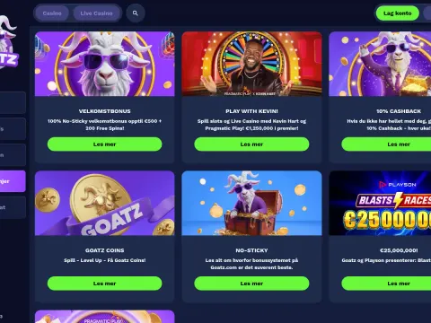 Kampanjesiden hos Goatz Casino på skrivebord med seks kort, blant annet en geit med solbriller, Kevin Hart foran et lykkehjul og en Playson-kampanje.
