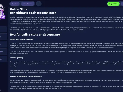 Spillobbyen hos Goatz Casino på skrivebord, der en mørk side med lang tekst om online slots og leverandører står ved siden av menyen til venstre.