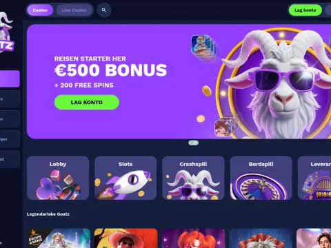Forsiden til Goatz Casino på skrivebord med lilla banner med geit i solbriller, grønn knapp og fliser for lobby, slots, crashspill og bordspill.