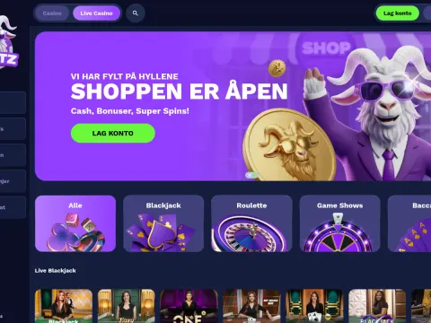Live casino hos Goatz Casino på skrivebord med lilla banner der geiten vinker ved en gullmynt, og fliser for blackjack, roulette og baccarat under.