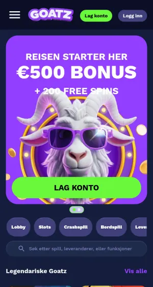 Forsiden til Goatz Casino på mobil med lilla banner med geit i solbriller, grønn knapp, kategorifaner, søkefelt og to spillbilder under.